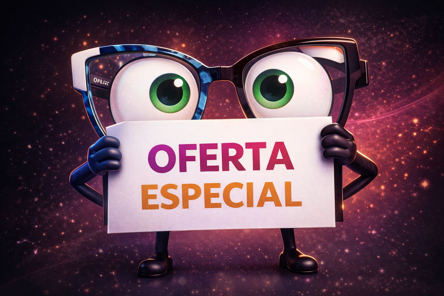 Personagem óculos segurando placa de oferta especial