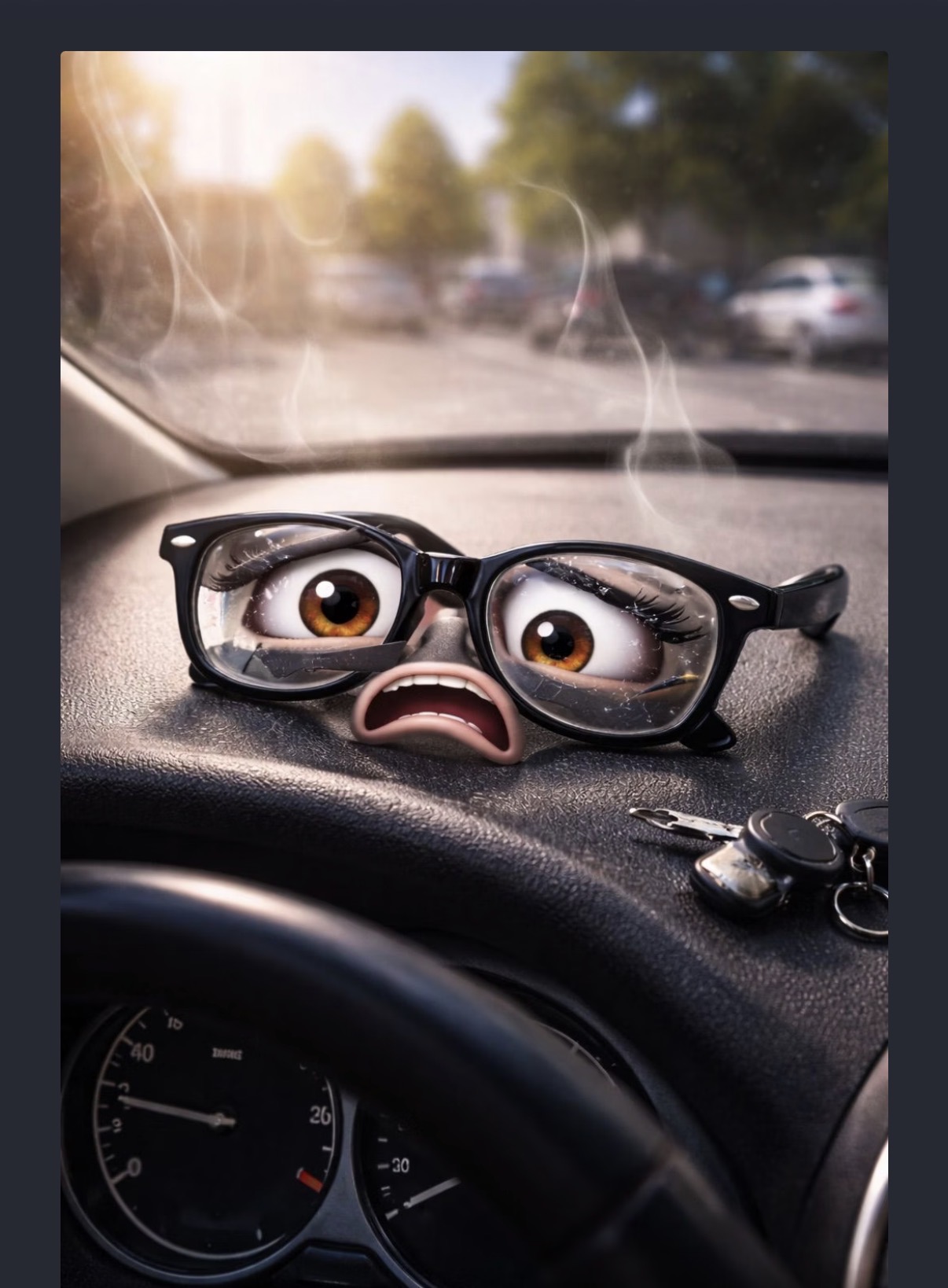 Óculos animado com expressão de surpresa sobre o painel de um carro